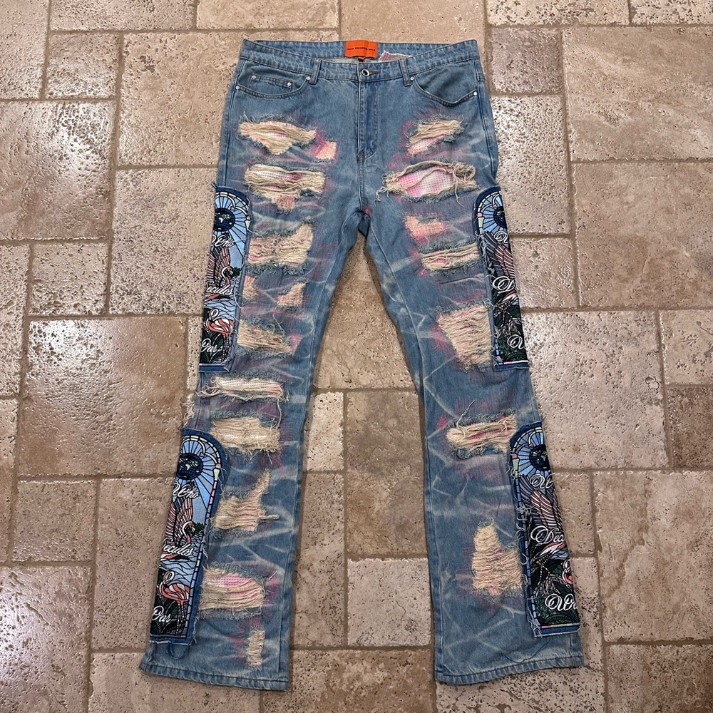 Who Decides War WDW Pink Flamingo Patch Fusion Denim Jeans